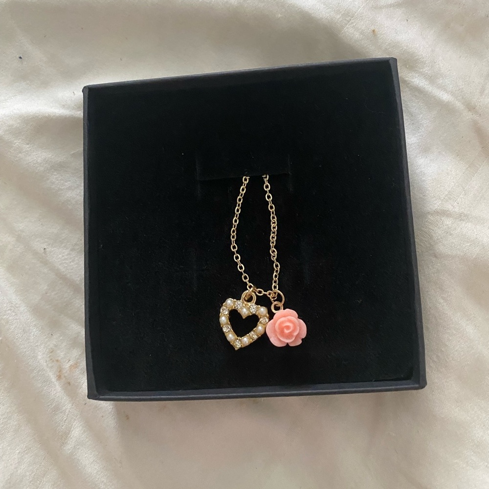 Gold Heart Pendant Necklace with Pink Rose Charm